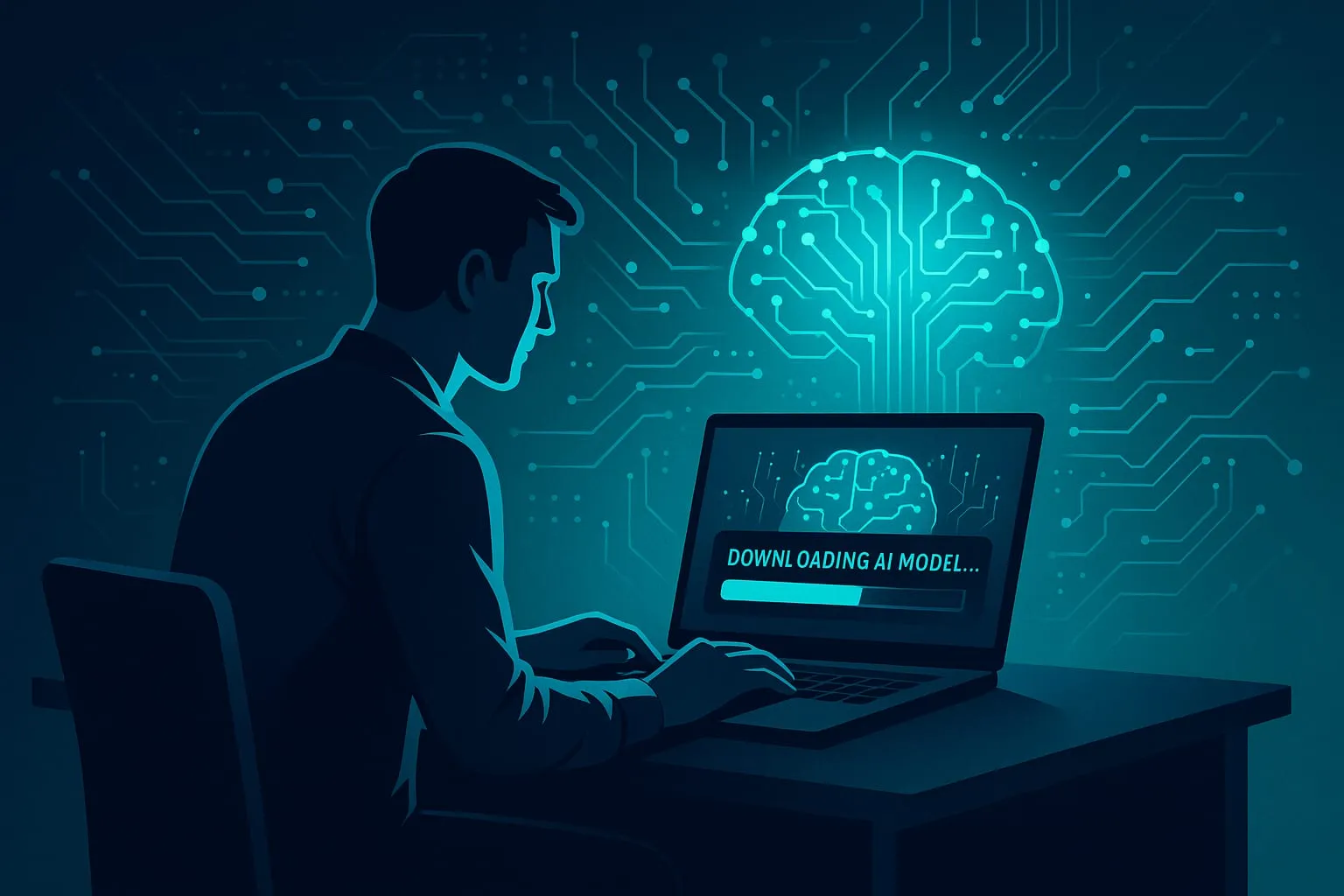 A person working at a laptop with a glowing AI model illustration