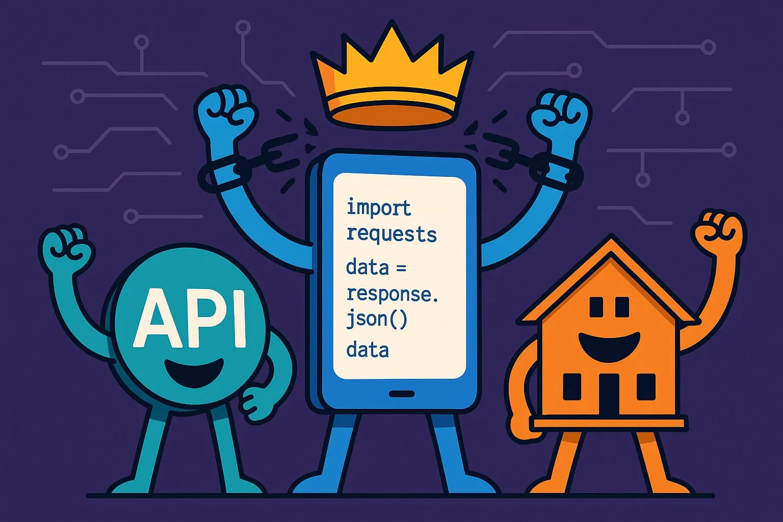 Cartoon API and house characters connected by a data pipeline
